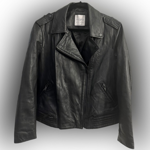 100% Leather black jacket from Mango Violeta (Large) - 2X - Picture 1 of 16